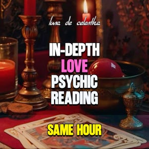 May include: An image featuring a psychic reading theme. The text reads "IN-DEPTH LOVE PSYCHIC READING SAME HOUR." The scene includes lit red candles, a crystal ball, tarot cards, and ornate candle holders, creating a mystical atmosphere.