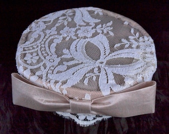 Lace wedding hat, champagne satin and white lace, pillbox style