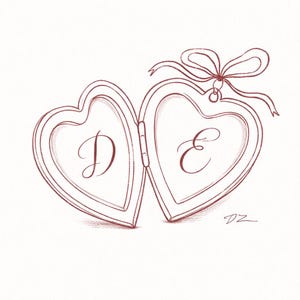 Puede incluir: Boceto de un relicario en forma de corazón, abierto para revelar dos lados. El lado izquierdo tiene la letra "D", y el lado derecho tiene la letra "E". Un lazo de cinta está en la parte superior. El relicario está dibujado en marrón rojizo.