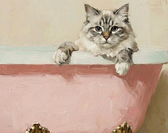 May include: A painting of a fluffy cat in a pink claw-foot bathtub. The cat has gray and white fur and is looking at the viewer. A martini glass with a lime slice sits nearby. The bathtub has gold-colored feet.