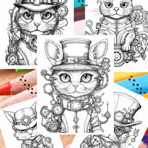 May include: A collection of black and white steampunk cat coloring pages. Each cat is depicted with intricate mechanical details, wearing hats, goggles, and clockwork accessories. The pages are ready for coloring, offering a creative outlet for cat and steampunk enthusiasts.