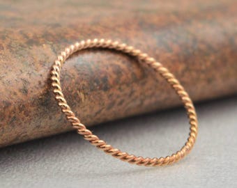 Dainty 14k Rose Gold Twist Ring, Thin Stackable Band