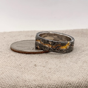 Puede incluir: Un anillo de plata con un exterior texturizado gris oscuro y una incrustaci&oacute;n dorada. El anillo est&aacute; junto a una moneda, mostrando su tama&ntilde;o. El dise&ntilde;o presenta una est&eacute;tica org&aacute;nica y robusta. Di&aacute;metro: aprox. 2 cm.