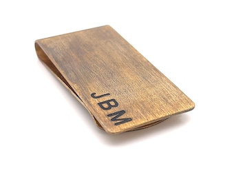 Rustic Brushed Brass Money Clip, Personalized Engraved Initial