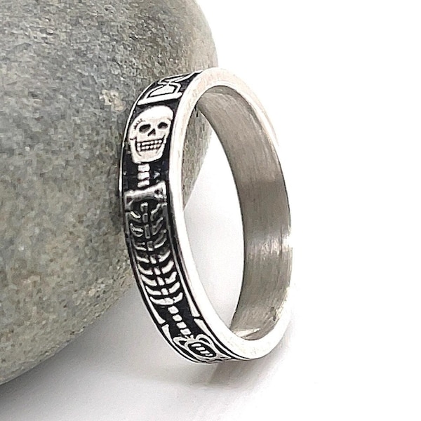 Sterling Silver Skeleton Ring: Memento Mori Goth Band - Free Engraving