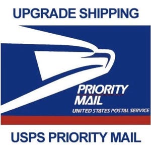 Può includere: Una grafica blu e bianca di USPS Priority Mail con le parole "UPGRADE SHIPPING" in alto e "USPS PRIORITY MAIL" in basso. Le parole "PRIORITY MAIL" sono in bianco e "UNITED STATES POSTAL SERVICE" è in un carattere più piccolo.