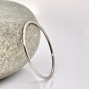 Può includere: Un sottile anello d'argento è mostrato contro una pietra grigia strutturata e uno sfondo bianco. L'anello è circolare e sembra essere fatto di metallo lucido. L'immagine è ben illuminata, evidenziando la superficie liscia dell'anello e i dettagli della pietra.