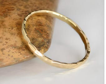 Hammered 14k Yellow Gold Stacking Ring: Solid Gold Band