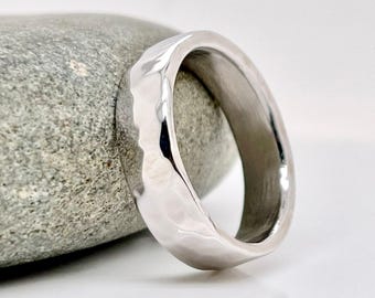 5mm Hammered White Gold Wedding Band, Rustic Ring, Free Engraving