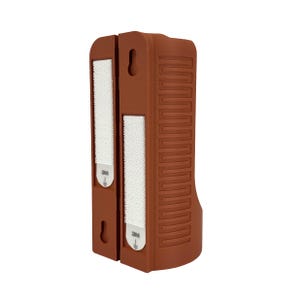 May include: A brown, rectangular wall mount with two sections. Each section has a white, rectangular adhesive strip with the "3M" logo. The right side has a series of vertical, indented lines. The mount has a curved bottom and a hole for hanging.