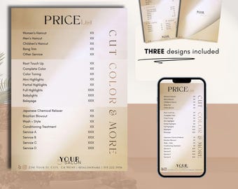 Salon Price List | Services Menu | Beauty Brows Lashes Hair Nails | Business Flyer Template | Minimalist Gold Neutral (digital download)