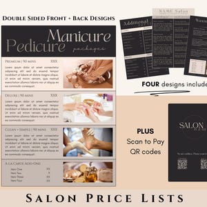 May include: Salon price lists with manicure, pedicure, waxing, and facial service options. The design includes a black and white color scheme with the salon's name and QR codes for payment. The price lists are double-sided.