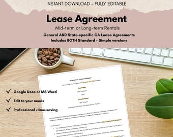 May include: A document titled "Lease Agreement" with the text "Mid-term or Long-term Rentals" and "General AND State-specific CA Lease Agreements." The document is on a wooden surface with a keyboard, coffee cup, and plant. The text "Google Docs or MS Word" is visible.