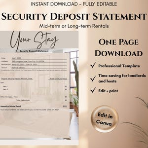 Security Deposit Statement Receipt. Landlord Rental Forms. Payment Receipt. Rental Receipts. Canva Template (digital download)