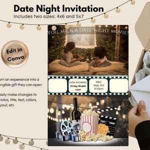 Peut inclure: Une invitation pour une soirée romantique avec le texte "Date Night Invitation" et "YOU, ME, & A DATE NIGHT MOVIE?". L'invitation comprend deux tailles : 10x15cm et 13x18cm. Thème cinéma avec pop-corn, bobines de film et clap de cinéma.
