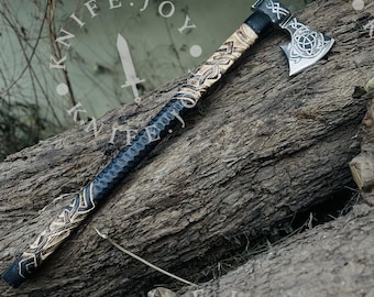 Hand-Carved Viking Axe, Norse Inspired Hatchet, Carbon Steel Wood Handle Gift