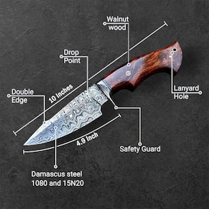 May include: A Damascus steel knife with a walnut wood handle. The blade is 10 inches long and 4.9 inches wide, featuring a double edge and drop point. The handle has a lanyard hole and safety guard.
