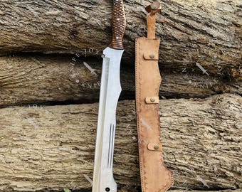 Machete táctico de 71 cm forjado a mano, hoja de supervivencia de acero de alto carbono de 50 cm, mango de madera de 20 cm, cuchillo de caza bushcraft con funda de cuero.