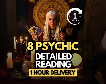May include: An image promoting psychic readings. A woman with blonde dreadlocks holds tarot cards. Text reads "8 Psychic Detailed Reading 1 Hour Delivery" with a clock icon. Candles and a crystal ball are also visible.