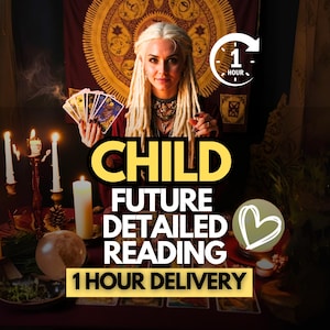 May include: A woman with blonde dreadlocks holds tarot cards in front of a burgundy backdrop. The image features candles, a crystal ball, and text that reads "CHILD FUTURE DETAILED READING 1 HOUR DELIVERY."