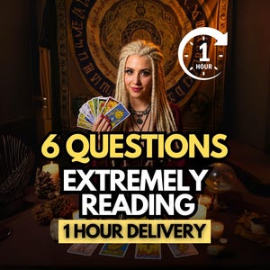 May include: A woman with blonde braids holds tarot cards, with text reading "6 QUESTIONS EXTREMELY READING 1 HOUR DELIVERY." The image includes candles and a decorative tapestry in the background, suggesting a spiritual or divination theme.