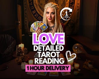 May include: A woman with blonde dreadlocks holds tarot cards, with text overlayed reading "LOVE DETAILED TAROT READING 1 HOUR DELIVERY". The image includes candles, a crystal ball, and a decorative tapestry in the background.