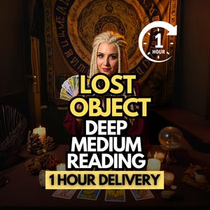 Peut inclure: Publicité pour une consultation de voyance "Objet Perdu". L'image présente une femme tenant des cartes de tarot, avec du texte jaune et blanc. Le texte comprend "1 heure de livraison" et une icône d'horloge.