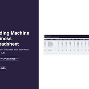 Könnte beinhalten: Eine digitale Tabellenkalkulationsvorlage für Verkaufsautomaten-Unternehmen mit dunkelviolettem Hintergrund und weißem Text, der Vending Machine Business Spreadsheet, Excel + Google Sheets, 9 Tabs und 50 Machines sowie eine Datentabelle anzeigt.