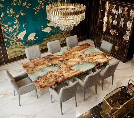 A real artisan pours resin between live-edge wood slabs to create a one-of-a-kind 'river' effect — no two tables exist on Earth.