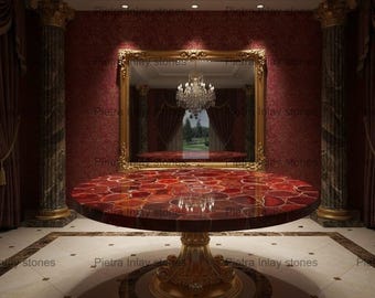 Handmade Red Onyx Stone Table Top, Gems Stone Marquetry