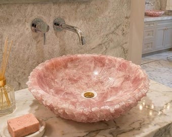 Hand-Carved Rose Quartz Vessel Sink | Natural Pink Crystal Bathroom Basin