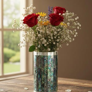 Handmade Marble & Abalone Shell Vase, 5 Inch Cylindrical Flower Pot