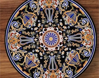 Handmade Black Marble Dining Table Top – Semi-Precious Stone Inlay