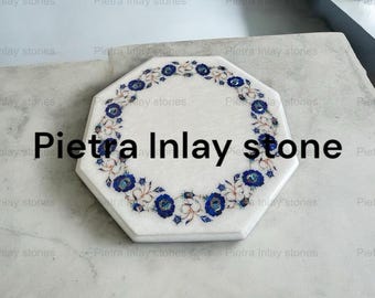 Handmade White Marble Inlay Table Top – Floral Pietra Dura Design