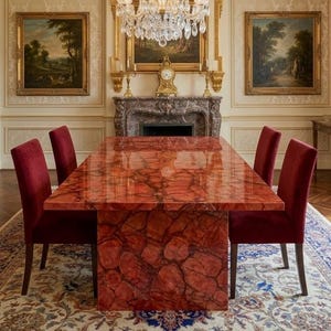 May include: A rectangular red marble dining table with a matching base, surrounded by six burgundy velvet chairs. The table sits on a patterned rug in a room with ornate wall decor, paintings, and a chandelier.