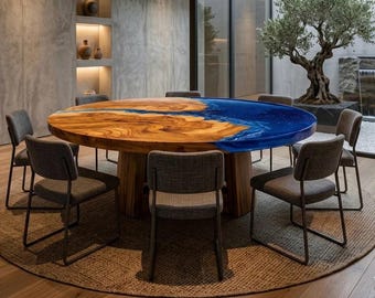 Handcrafted Live Edge Ocean Epoxy Coffee Table, Round Resin River Table