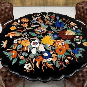 Handcrafted Black Marble Inlay Table Top, Floral Pietra Dura Mosaic Coffee Table