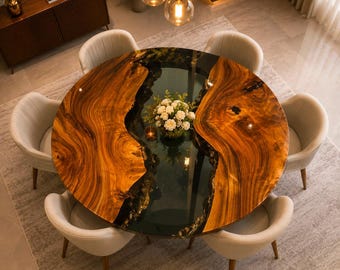 Mesa de comedor personalizada de resina epoxi verde con borde natural, muebles de madera de río hechos a mano.