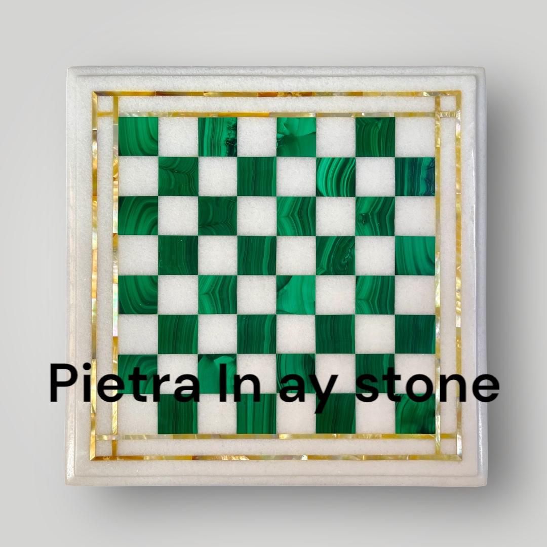 Jeu D'échecs En Malachite - Plateau 26x26 Cm - Roi 6,5 Cm - Pions 3 Cm - Occasion