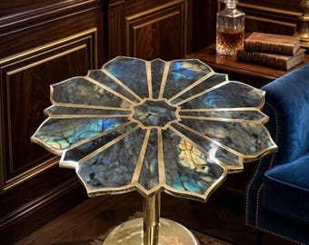 Luxury Labradorite Accent Table, Handmade Brass Base Table, Unique Gemstone Furniture, Elegant Home Decor