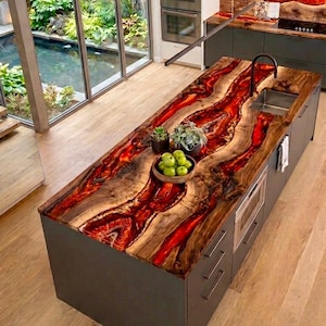 Red epoxy Resin Kitchen Countertop Walnut Wood Live Edge River Luxury Slab home decor wood resin counter island kitchen island