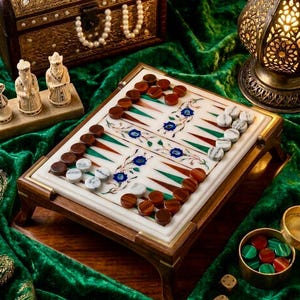 May include: A handcrafted backgammon set with a white marble playing surface, inlaid with floral designs and colorful accents. The wooden frame features a rich, dark finish. The set includes brown and white game pieces, dice, and a small container of additional pieces.