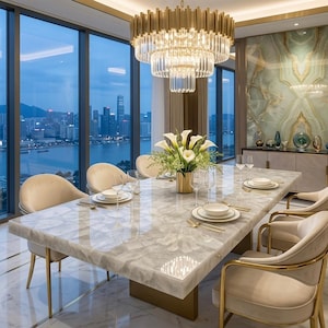 Pode incluir: Uma luxuosa sala de jantar com uma grande mesa retangular de mármore. Cadeiras creme com detalhes dourados circundam a mesa. Um grande lustre pende sobre a mesa, e uma paisagem urbana é visível através das janelas.