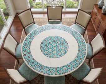 Handmade Round Marble Dining Table: Elegant Stone Inlay Furniture