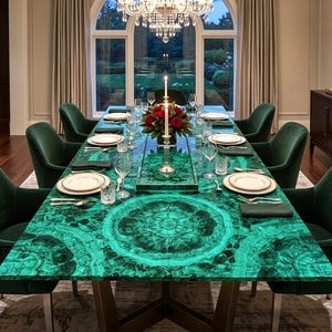Mesa de comedor de malaquita hecha a mano – Muebles de diseño con incrustaciones de mármol personalizadas
