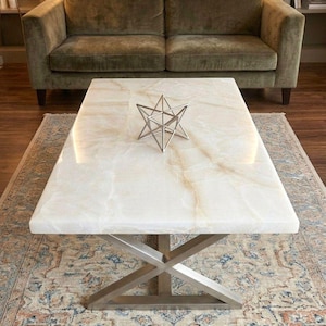 Rechthoekige salontafel witte onyx, handgemaakte edelsteen luxe woonkamermeubels