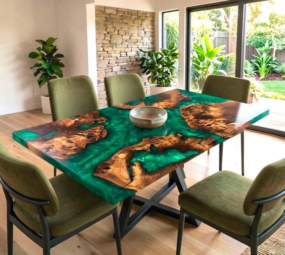 A live-edge river table where poured epoxy becomes a frozen waterway through solid wood — no two are ever alike and yours is made to order.