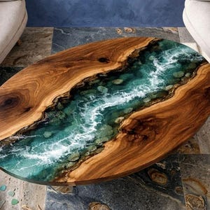 Tavolino da caffè ovale fatto a mano con bordo vivo in resina epossidica, design Ocean Resin River