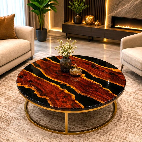 A live-edge walnut slab split by a glowing resin 'river' — genuinely one-of-a-kind furniture that doubles as a conversation piece and (per the tags) a DnD game table.