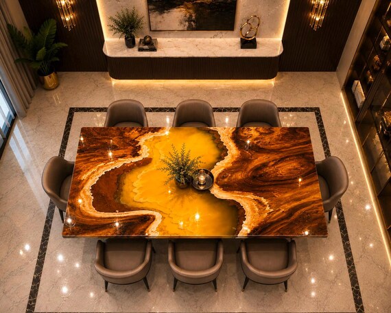 A river of glowing yellow epoxy cuts through real live-edge wood — functional furniture that doubles as a conversation piece you can commission to your exact size.